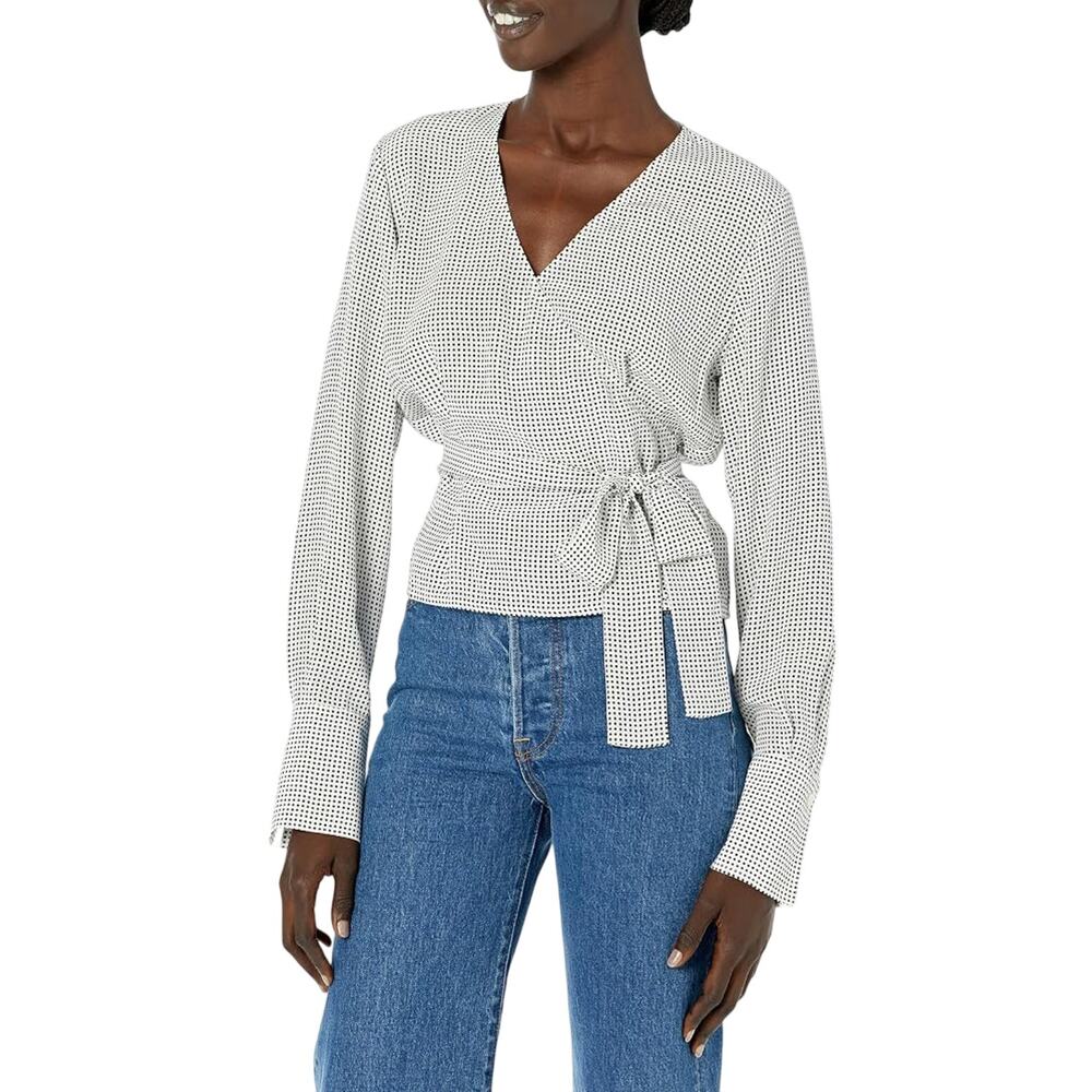 EQUIPMENT Women's Cenna Wrap Blouse Medium White Black Polka Dot Silk NWT